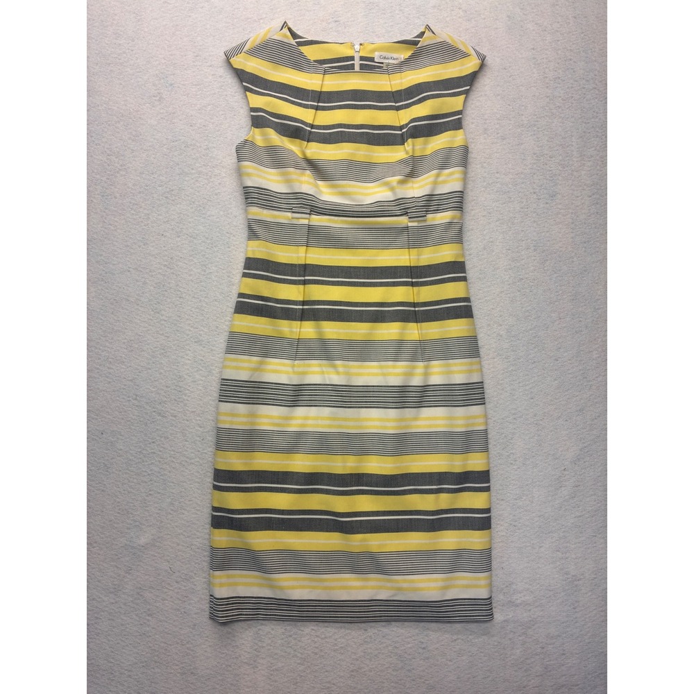 Calvin Klein Modern Sheath Dress Corporate Core Preppy Striped - 4 Yellow Grey
